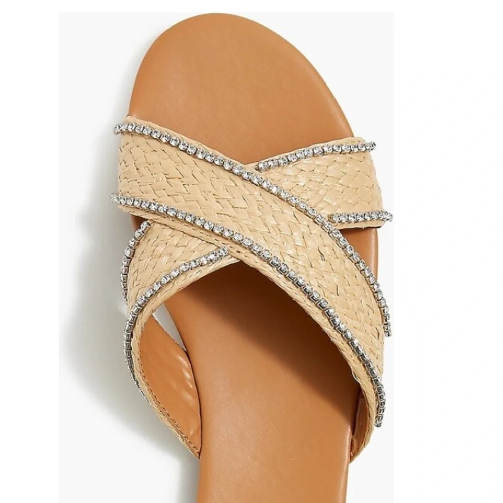 NIB J Crew Raffia Crisscross Slide Sandals With Rhinestone Lining